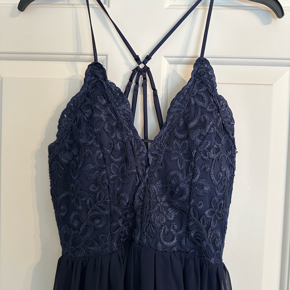 PromGirl Navy Lace Bodice Spaghetti-Strap Mini Dress